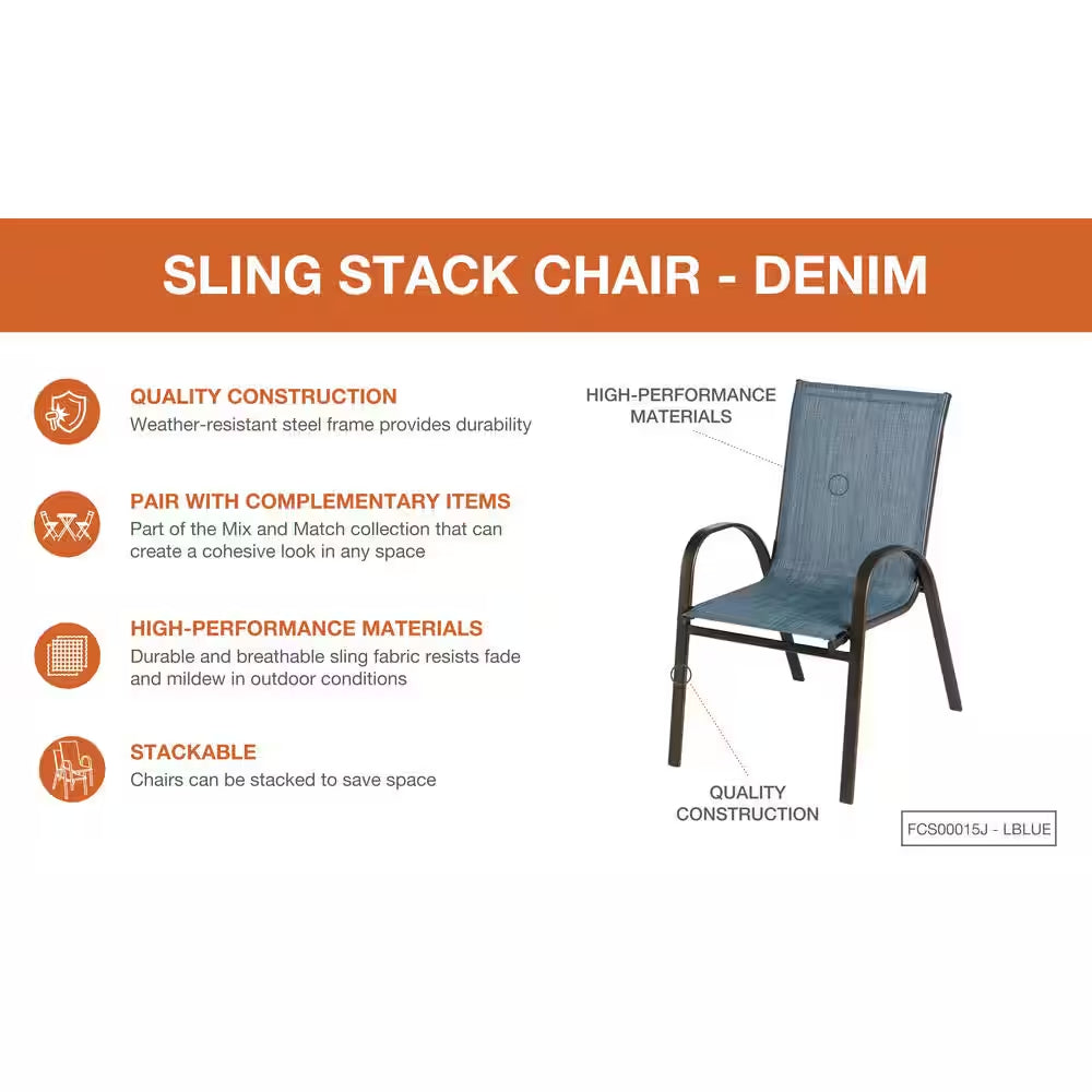 Mix and Match Stackable Brown Steel Sling Outdoor Patio Dining Chair in Denim