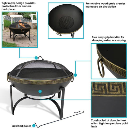 26-In Contemporary Steel Fire Bowl with Handles and Spark Screen