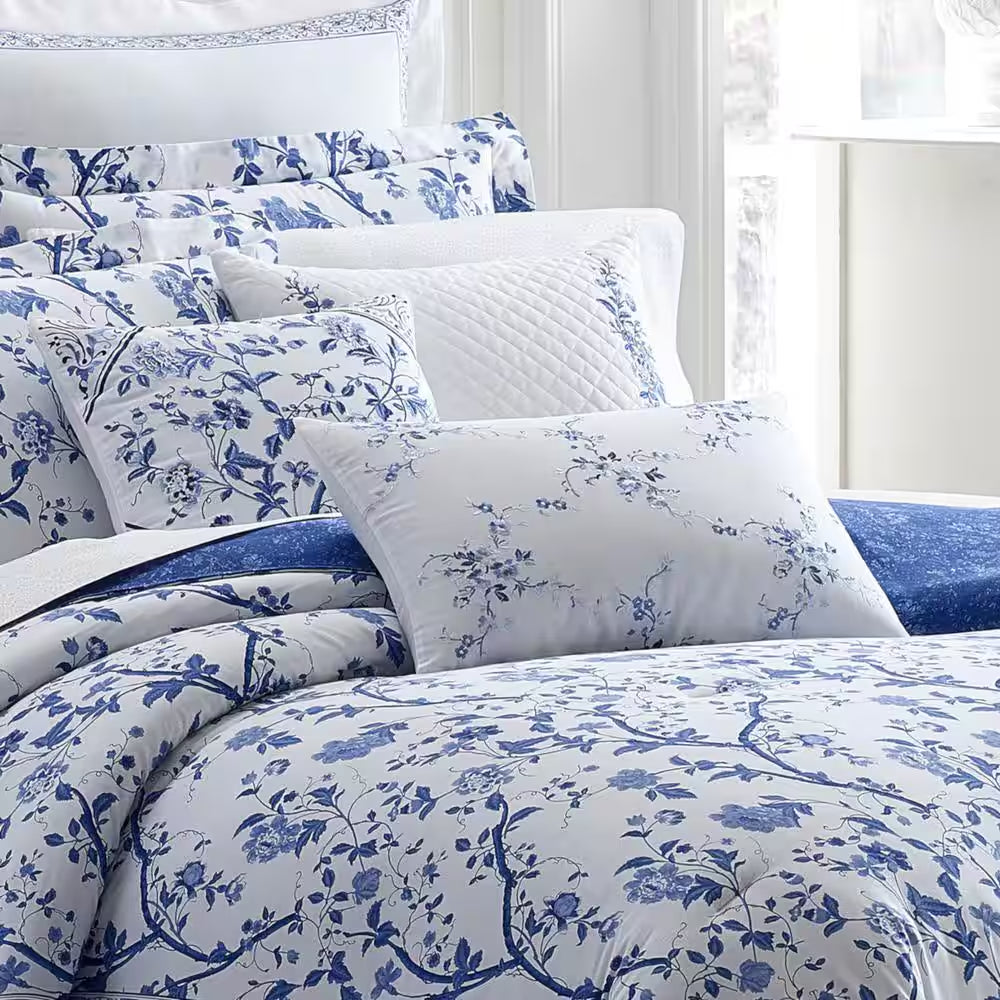 Charlotte Blue/White Floral Cotton Blend 14 In. X 20 In. Throw Pillow