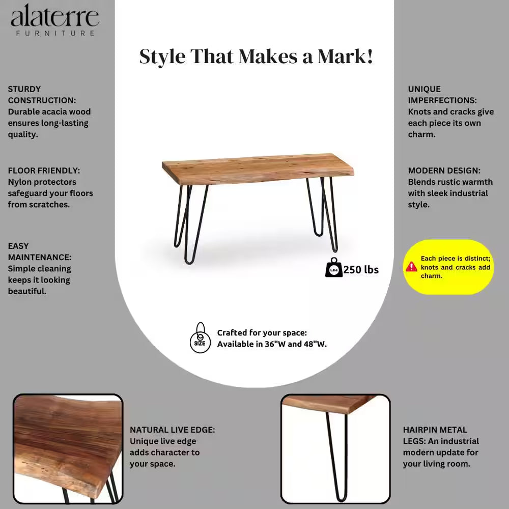 Hairpin 36 In. Brown Natural Live Edge Wood with Metal Dining Bench